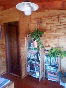 una habitación con una estantería llena de libros en Cabaña Sion en Puerto Madryn