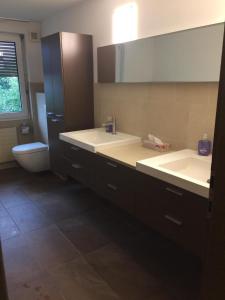 a bathroom with a sink and a toilet at Luxury House with big garden and mountain view ( 3 bedrooms) in Haag