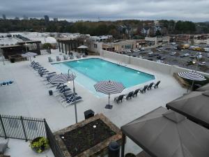 a pool on top of a building with chairs and umbrellas at live like Royalty in Buckhead in Atlanta