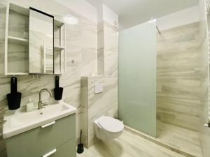 GREEN STUDIO في فوكشاني: حمام مع مرحاض ومغسلة ومرآة