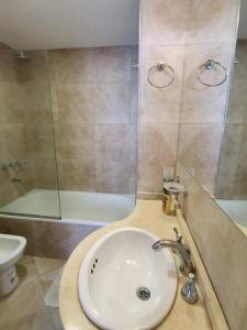 La salle de bains est pourvue d'un lavabo, d'une douche et de toilettes. dans l'établissement Departamento con hermosa vista, à San Carlos de Bariloche