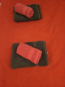 two towels sitting on top of a bed at nuovo appartamento saint louis 68300 tra francia e svizzera in Saint-Louis