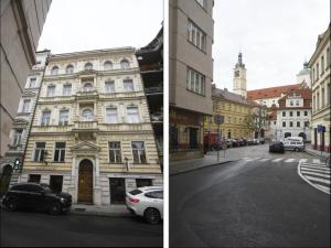 due fotografie di una strada cittadina con un edificio di Moonlight Apartments Old Town a Praga