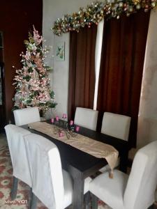 un comedor con una mesa y un árbol de Navidad en La casa del colibrí, en Campeche