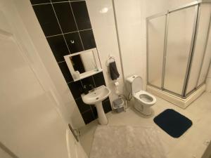 a bathroom with a shower and a toilet and a sink at Airport apartements in Arnavutköy