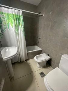 a bathroom with a sink and a toilet and a shower at Andes Apartments Bandera in Mendoza