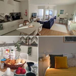 two pictures of a living room and a kitchen at Areia StayInn Beach Apartment in Árvore