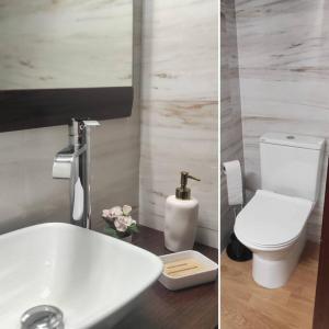 two pictures of a bathroom with a toilet and a sink at Areia StayInn Beach Apartment in Árvore