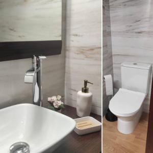two pictures of a bathroom with a toilet and a sink at Areia StayInn Beach Apartment in Árvore +15 photos