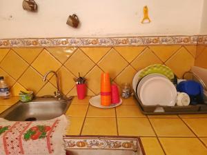 um balcão de cozinha com um lavatório e um balcão com pratos em Hostel Rossy em San Juan del Sur