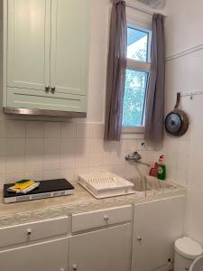 a kitchen counter with a sink and a window at Cozy Flat Loutra Aidipsou in Loutra Edipsou