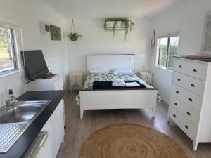 1 dormitorio con 1 cama con fregadero y barra en Stoney Park Holiday Park en Telegraph Point