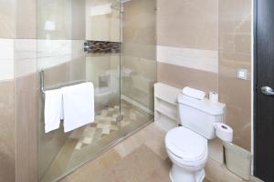 a bathroom with a toilet and a shower with towels at Holiday Inn Queretaro Zona Diamante, an IHG Hotel in Querétaro