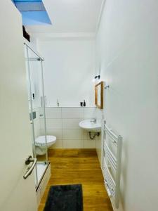 een badkamer met een toilet, een wastafel en een spiegel bij Großzügiges Loft in zentraler Lage in Braunschweig