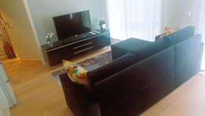 a living room with a couch and a flat screen tv at Scandpoint Apartment Fornebu Near Sea front with outdoor walk! in Stabekk