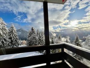 Cette chambre offre une vue sur les arbres enneigés. dans l'établissement THE ALPINE STUDIO on the ski slopes - by the lake - Alpe des Chaux - Gryon, à Gryon