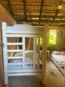 Nature Harmony Retreat in Tierra Bomba - Your Sustainable Escape في كارتاهينا دي اندياس: سرير بطابقين في غرفة بسريرين