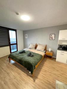 ein Schlafzimmer mit einem großen Bett und einer grünen Decke in der Unterkunft Wohnen mit Panoramablick in Kornwestheim