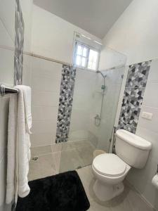 a white bathroom with a toilet and a shower at Relax House in Concepción de La Vega