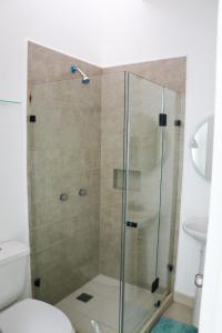 een douche met een glazen deur in de badkamer bij Casa Mayawell in Las Juntas