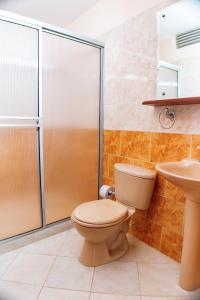 uma casa de banho com um chuveiro, um WC e um lavatório. em Hotel Luxor Cúcuta em Cúcuta