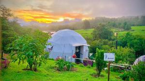 Poas Volcano Observatory Lodge & Glamping في Poasito: خيمة في حقل مع غروب الشمس في الخلفية