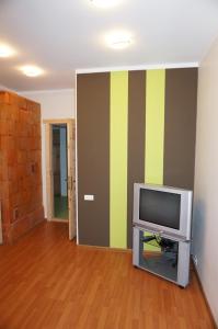 a living room with a television and a striped wall at Holiday Apartment in Alūksne