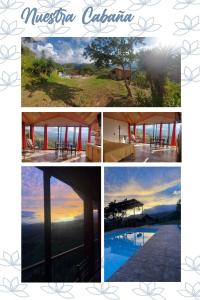 eine Collage mit Bildern eines Resorts und eines Pools in der Unterkunft Cabaña Niraj in Cartago
