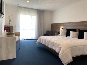 a bedroom with a large bed with a large window at HOTEL AEROPUERTO MORELIA in Álvaro Obregón