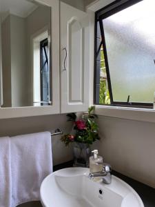 uma casa de banho com um lavatório branco e 2 espelhos em Sea View Apartment em Whangaparaoa