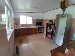 eine Küche mit einem Kühlschrank aus Edelstahl und einem Fenster in der Unterkunft CHEZ VAIANA in Parea