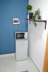 Cette chambre comprend un four micro-ondes installé au-dessus d'un réfrigérateur. dans l'établissement AP2B Praia, à Praia