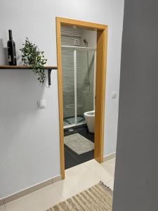 a bathroom with a toilet and a glass door at AP2B Praia in Praia
