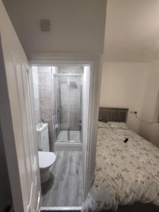 a bathroom with a bed and a shower and a toilet at Adam letting(s) in Middlesbrough