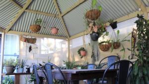 een kamer met een tafel en stoelen en potplanten bij Nonna's Retreat in Sussex inlet