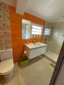 a bathroom with a toilet and a sink and a shower at L appart du trou d eau in La Saline les Bains