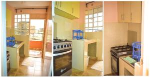 two pictures of a kitchen with a stove top oven at Furnished one bedroom bnb in thika town, jomoko in Thika