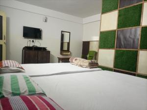 a hotel room with two beds and a tv at Hotel Sonali in Lataguri