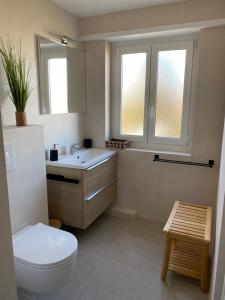 Sainte-Croix-en-PlaineAPPARTEMENT climatisé 70 m2, proximité de COLMAR的一间带卫生间和水槽的浴室以及两个窗户。 更多24张照片