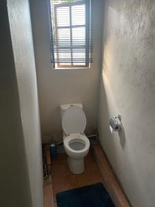 a bathroom with a toilet with a window and a blue rug at Phola at my place in Durban