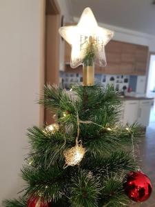 Un árbol de Navidad con una estrella encima en Silver Lodge Vendégház Egerszalók, en Egerszalók