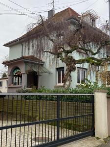 a house with a tree in front of a fence at Les petites plumes d’Hag in Haguenau