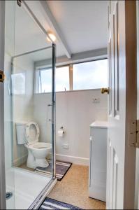 a bathroom with a toilet and a glass shower door at Villa near CBD and Globox Arena in Hamilton