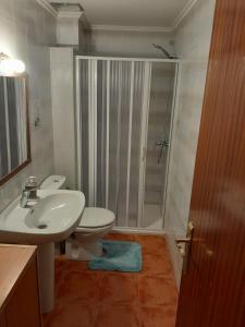 ein Badezimmer mit Toilette, Waschbecken und Dusche in der Unterkunft Apartamento la catedral in Santo Domingo de la Calzada
