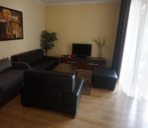 a living room with a couch and a tv at Penzión Villa in Rajecké Teplice
