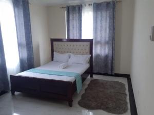 Schlafzimmer mit einem Bett, einem Fenster und einem Teppich in der Unterkunft TWO BEDROOM APARTMENT BAMBURI Mombasa in Mombasa