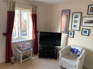 ein Wohnzimmer mit einem TV und einem Stuhl in der Unterkunft Gras Lawn B&B in Exeter