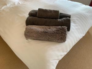 una pila de toallas sentadas encima de una cama en Gras Lawn B&B en Exeter
