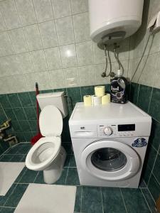 een badkamer met een toilet en een wasmachine bij Apartman Mila in Usje