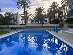 una gran piscina azul con palmeras en el fondo en Piso a pie de playa con piscina y vistas al mar, en Benicàssim
